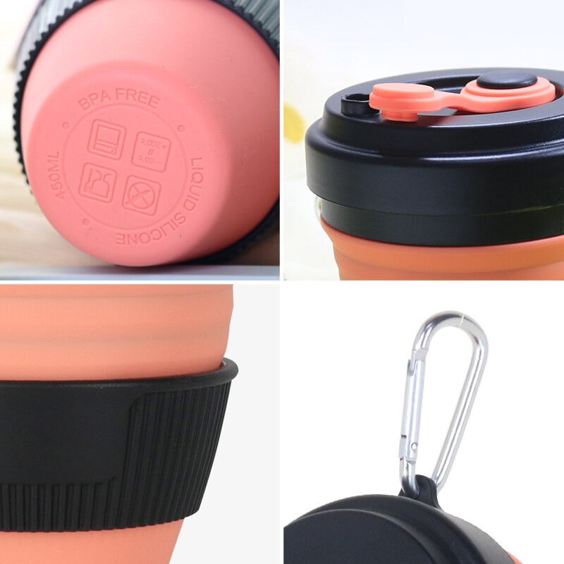 Tasses pliantes en Silicone | Tasses pliantes de 450ml, tasse à café en silice télescopique Portable avec couvercles voyage tout noir
