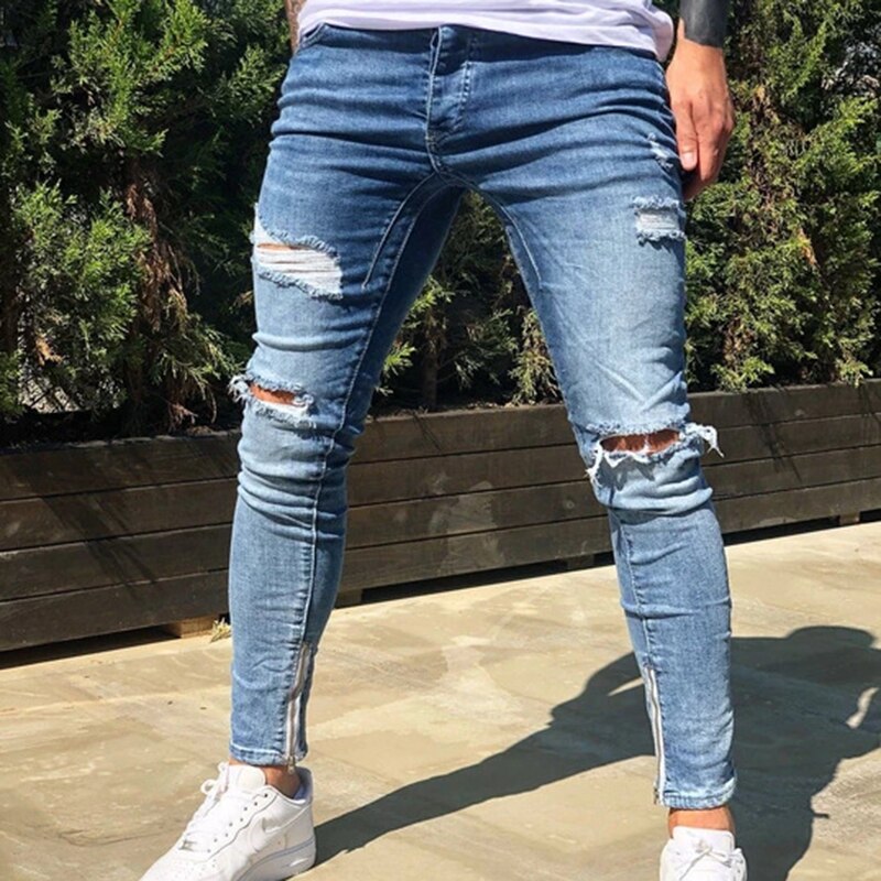 Men Ripped Ankle Jeans Stretch Small Feet Jeans Men Hip Hop Hole Damaged Cool Casual Jeans: XXXL