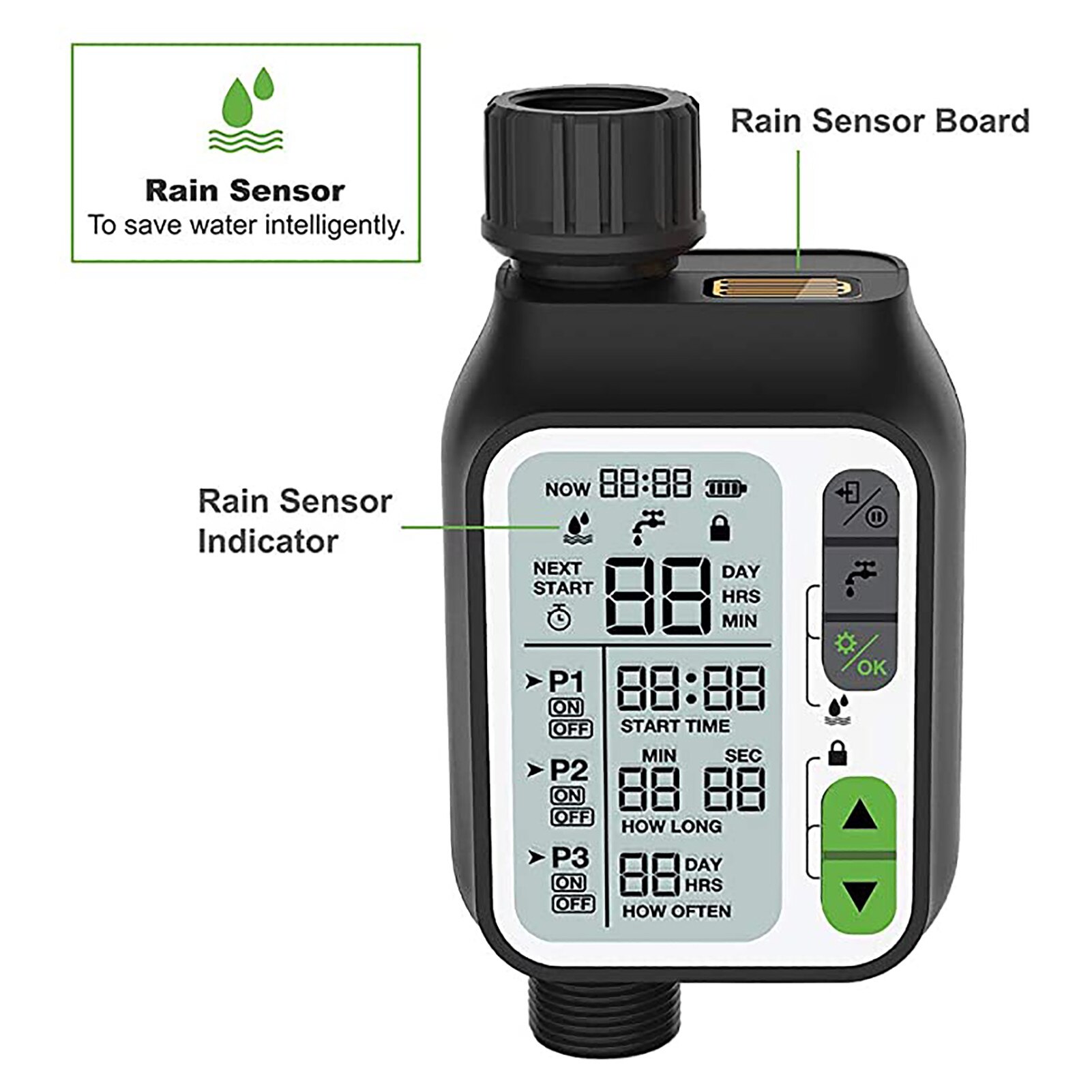 Automatic Smart Water Timer Digital LCD Screen Hose Automatic Watering Timer Timer Irrigation Lock Rain Sensor IPX5 Waterproof