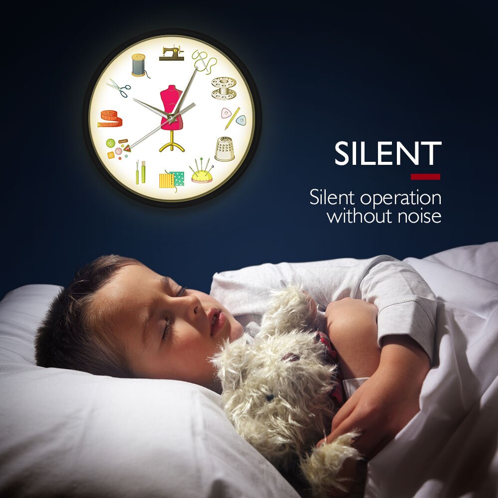 Seamstress LED Luminous Voice Control Wall Clock Light Tailor Shop Quilting Sew Time Sound-Activated Metal Frame Horologe