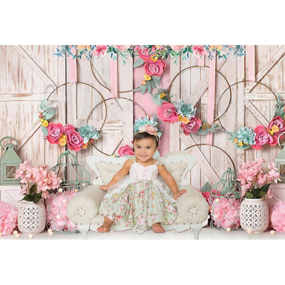 Doux -né Portrait toile de fond fille anniversaire photographie arrière-plan accessoires artistique Photocall rose fleurs bois Photo Shoot
