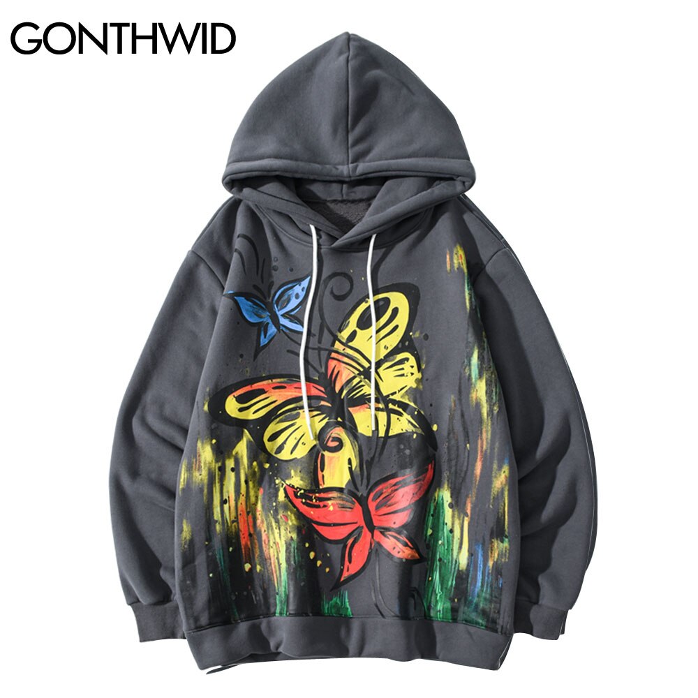 GONTHWID Hoodies Hip Hop Graffiti Butterfly Flowers Print Fleece Hooded Sweatshirts Mens Harajuku Casual Tops Outwear