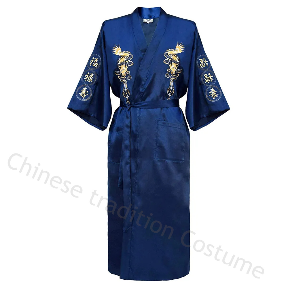 Chinese stijl gewaad klassieke borduur draak kimono man homewear lange badjas satijnen nachtjapon losse nachtkleding loungewear