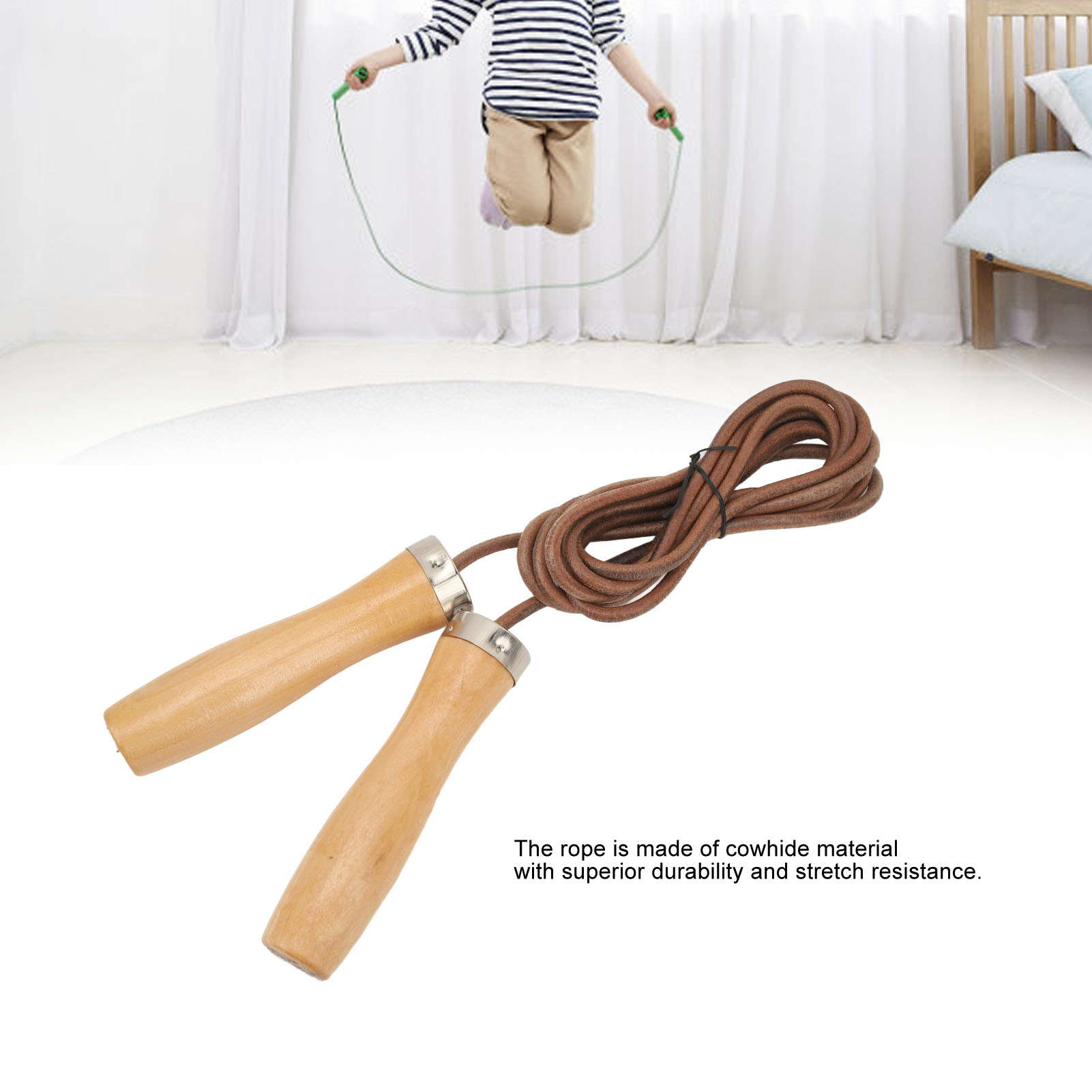 Jump Rope Cowhide Wooden Handle Portable Highly Effective Skipping Rope For Fitness Exercise