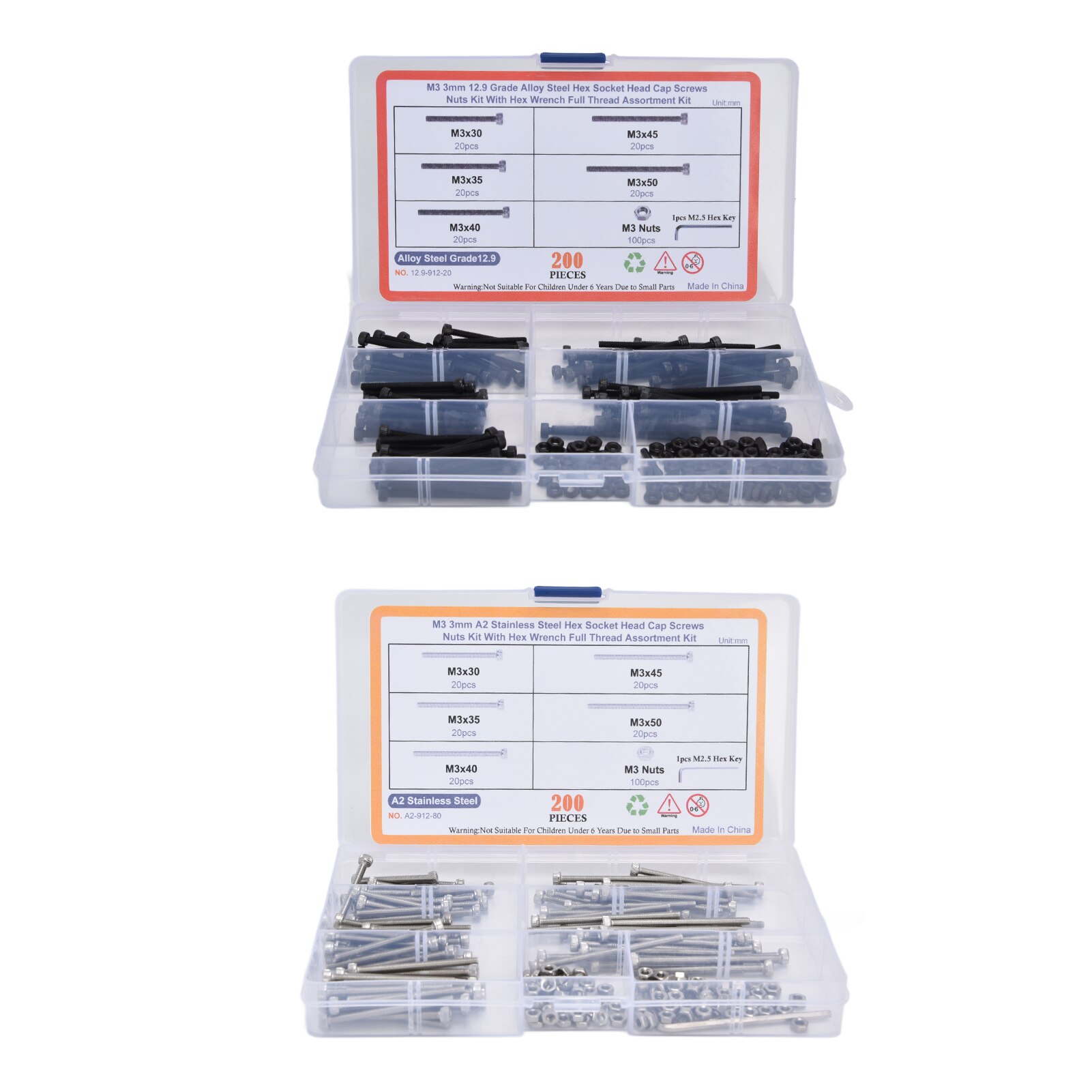 200Pcs Hex Nut Bolt Assortment Kit Hex Socket Head Cap Screws Assortment Set with Wrenches for Industry Cylinder Head Bolt Set