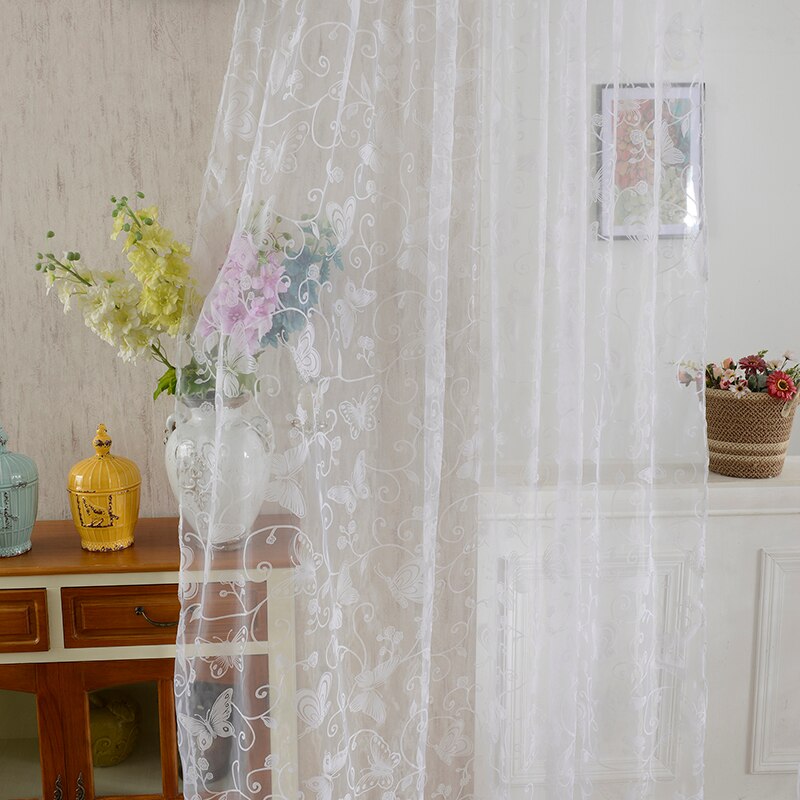 Cortina flocada para ventana, flores y mariposas con estampado de mosquitera, gasa de Color sólido, cortinas duraderas de para el hogar, Hotel y oficina: White