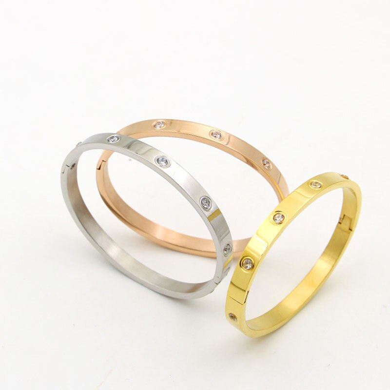 Mode Fijne Elegante Titanium Staal Plating 14K Real Gold Paar Armbanden Voor Vrouwen Sieraden Micro Inlay Zirconia Anniversary