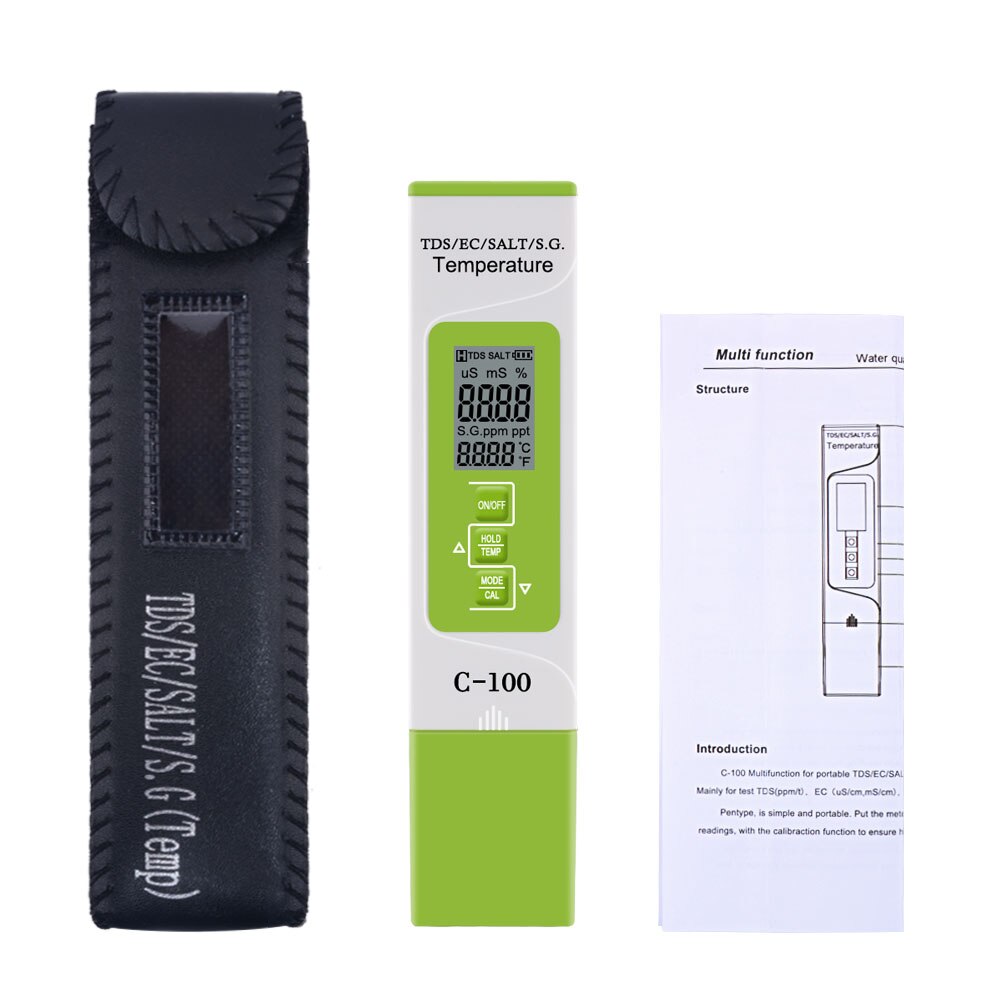 5 in 1 TDS/EC/Salinity/S.G/Temperature Meter Water Purity Digital Multifunction Tester Monitor for Drinking Water Food: C-100A