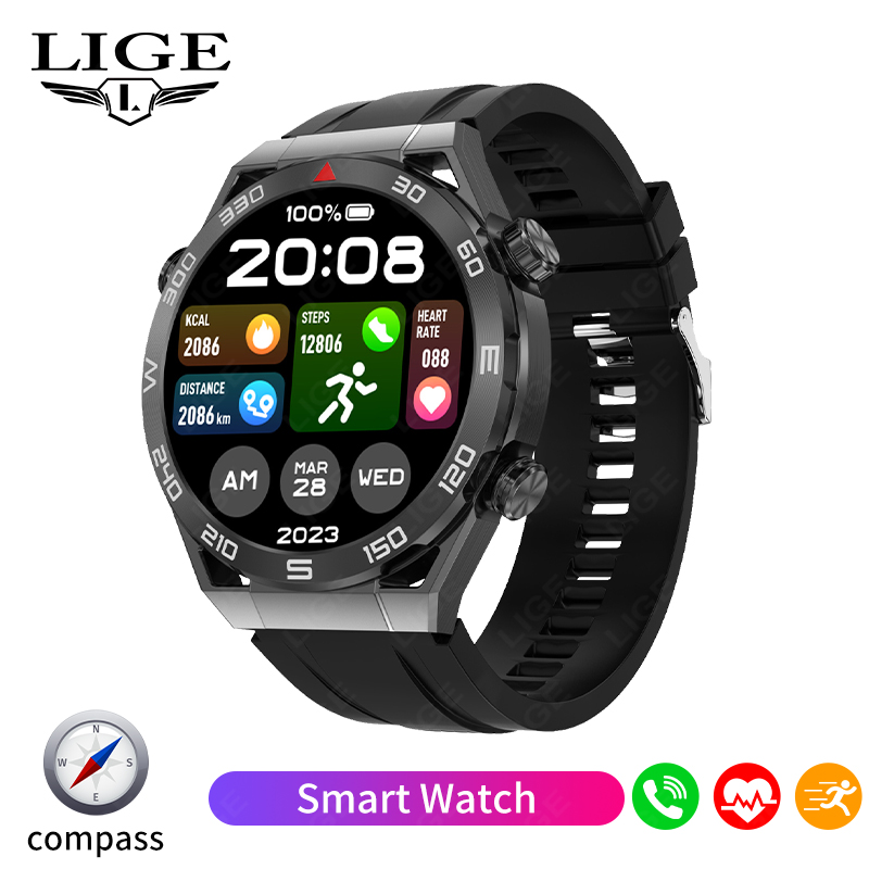 LIGE Nowy sprytny zegarek mężczyźni GPS Bluetooth połączenie sport tryby naganiacz zwierza kompas muzyka niestandardowa bransoletka tarcza biznesowa Smartwatch mężczyźni + skrzynka: czarny