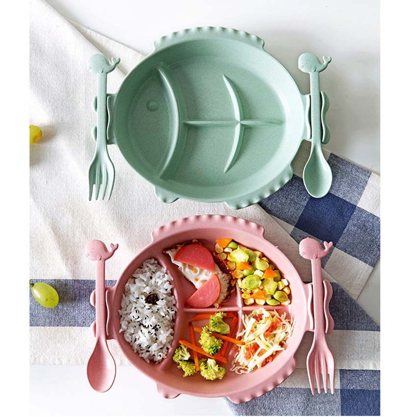 3Pcs Baby Feeding Dishes Set Bowl Plate Forks Spoon Kids Dinnerware Wheat Fiber Children's Tableware BPA free Eco Friendly