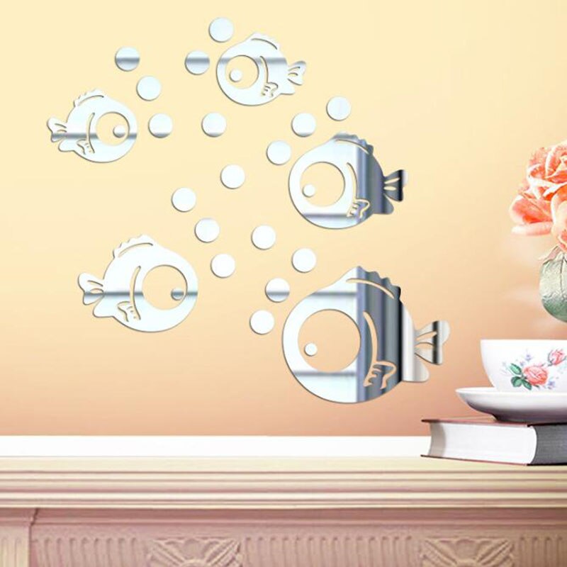 2Sets Creatieve Acryl Spiegel Muursticker Diy Bubble Vis Sticker Leuke Cartoon Vis Muursticker Home Decoratie