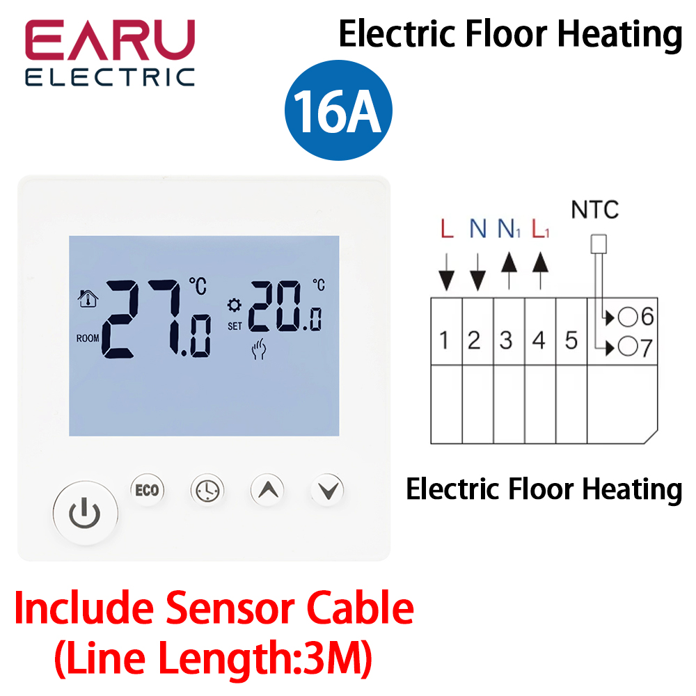 AC90V-240V 3A 16A Water Electric Floor Heating TRV House Room Thermostat Temperature Controller Digital LCD Display Wall Mounted: light green