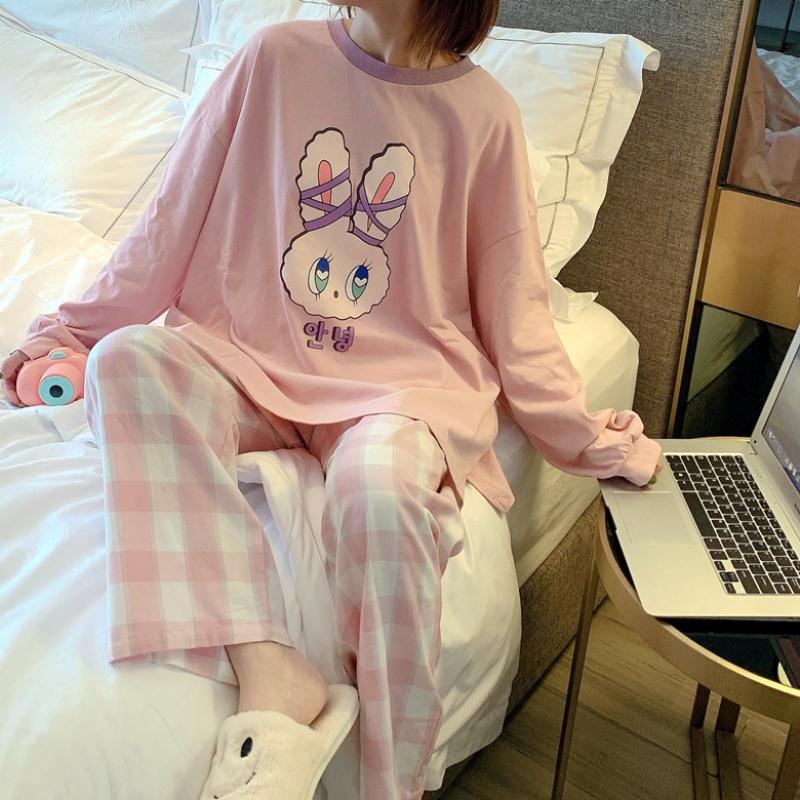 Pajamas Women Casual Autumn Long-Sleeved Round Neck Purple Collar Pink Rabbit Head Pink Lattice Pants Pajamas Set M-Xxl