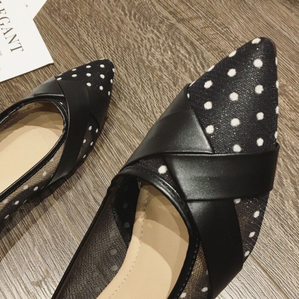 Spring Summer Women's Ballet Flats Shoes Polka Bot Openwork Shallow Woman Ladies Soft Work Flats Single Shoes Black
