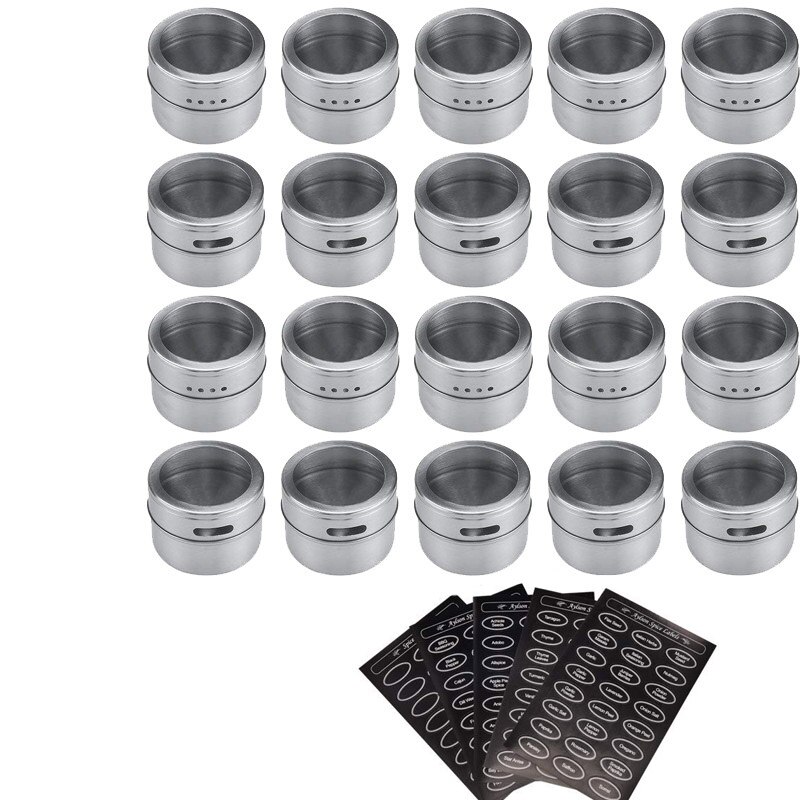 Magnetic Stainless Steel Spice Jars Tins Set with Clear Lid Labels Sticker Seasoning Pepper Spice Storage Container Jars: 20 pcs