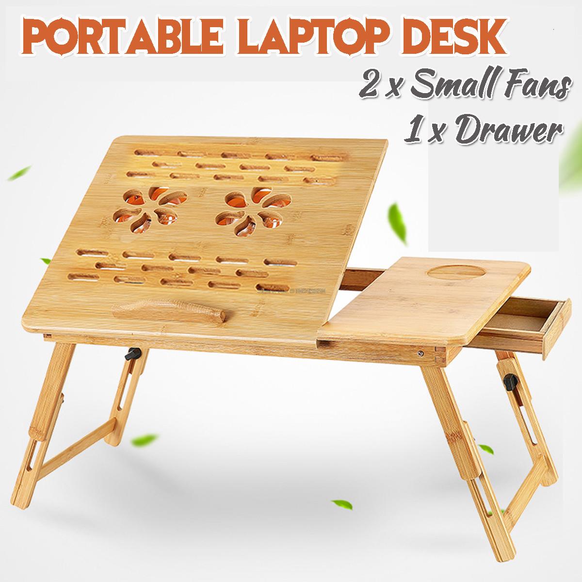 Portable Folding Bamboo Laptop Table Sofa Bed Office Laptop Stand Desk With Cooling Fan Bed Table For Computer Notebook Books