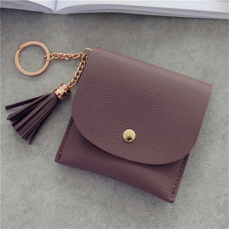 Wallets Women Coin Purse Ladies Pu Leather Tassel & Metal Ring Clutch Keychain Thin Key Bag Card Holders Mini Pouch: Bean paste