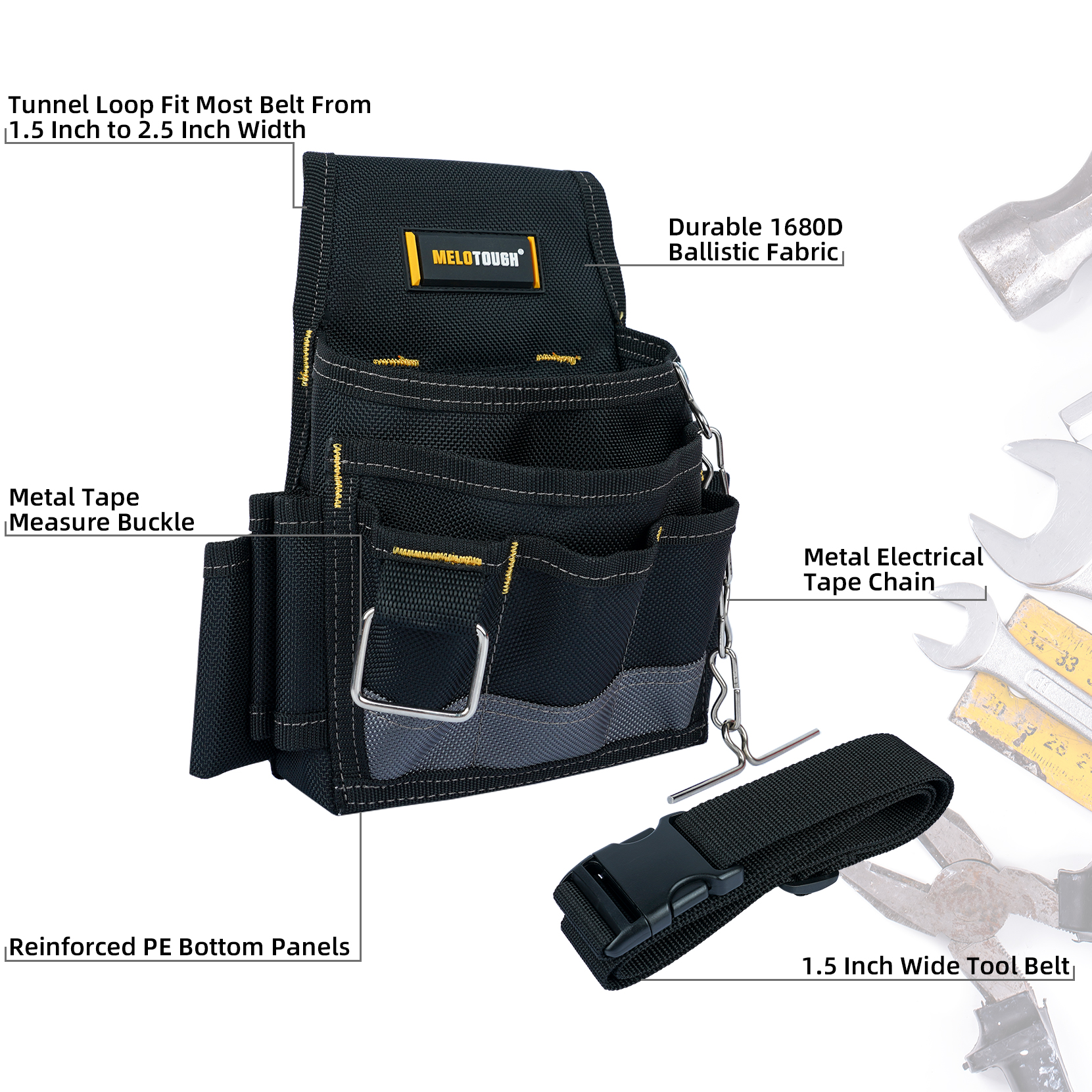 MELOTOUGH Elektriker-Werkzeugtasche, Werkzeuggürteltaschen mit Gürtelclip, Isolierbandkette, mehrere Taschen, Werkzeug-Organizer