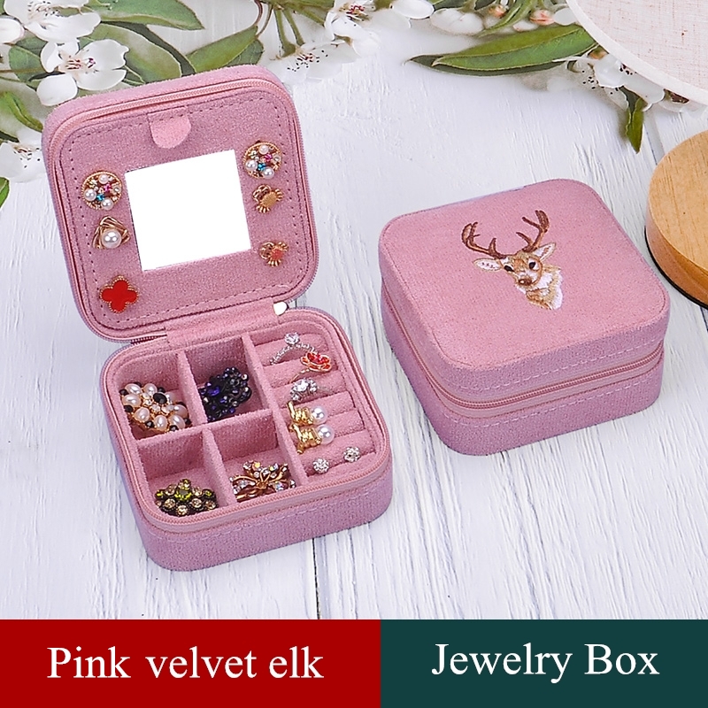 2022 Leather Portable Jewelry Box Double Simple Earrings Ring Jewelry Casket Can Hold 68 Earrings: Pink velvet elk