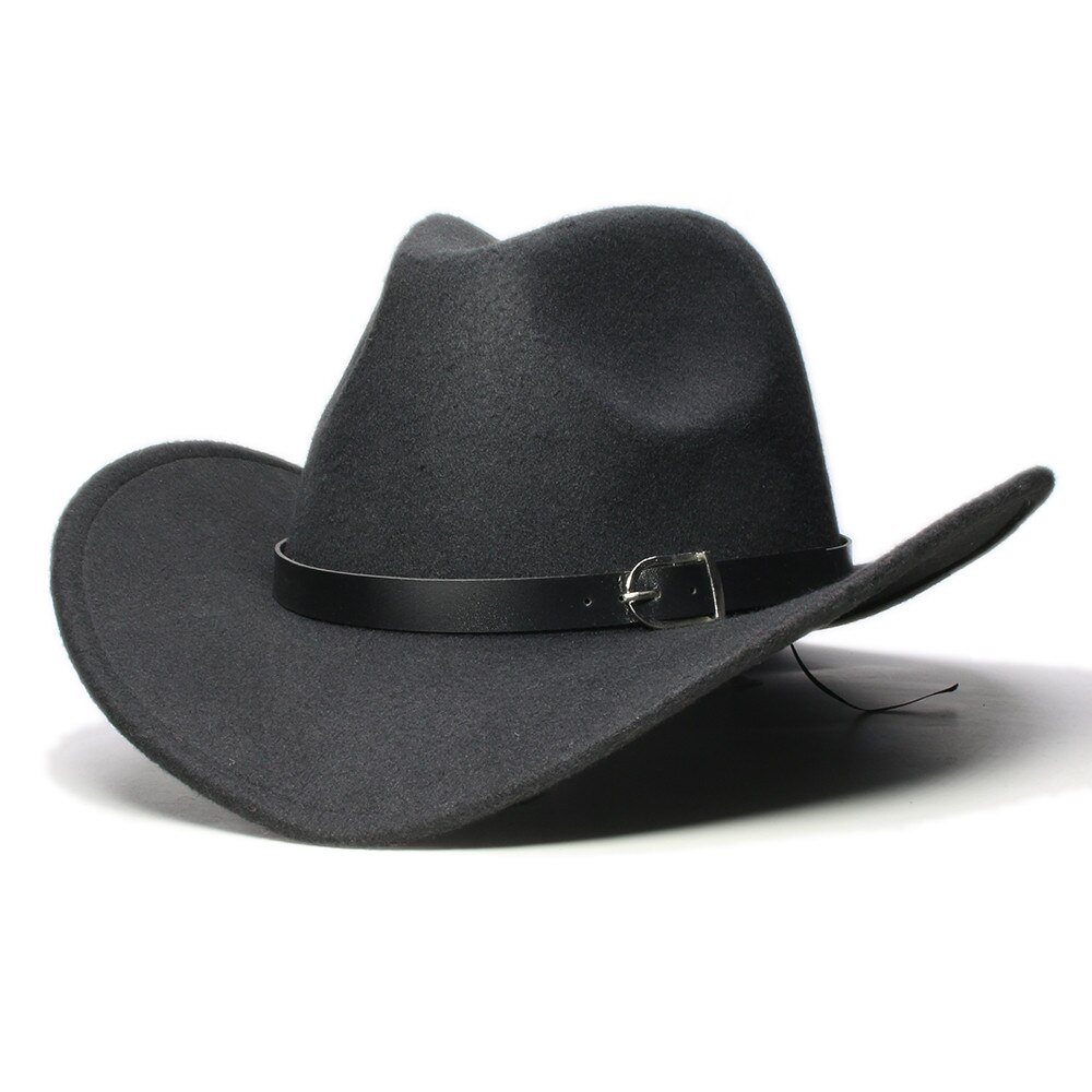 LUCKYLIANJI-Sombrero de banda de cuero occidental para niños, sombrero de ala ancha estilo Country, fieltro de lana, Jazz, Chapeu, vaquero: Negro