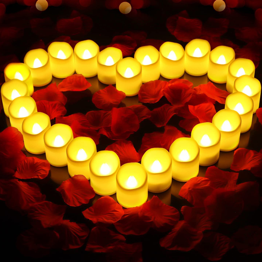 Velas LED con 100 piezas de pétalos de rosa artificiales, luces de té con batería, para propuesta de boda, Día de San Valentín, decoración del hogar, 24 piezas: Irregular
