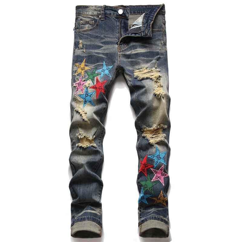 Pantalones vaqueros de verano para hombre, Jeans elásticos rasgados con agujeros, bordado de oso, Patchwork, Hip Hop, azul claro, ropa de calle: 36