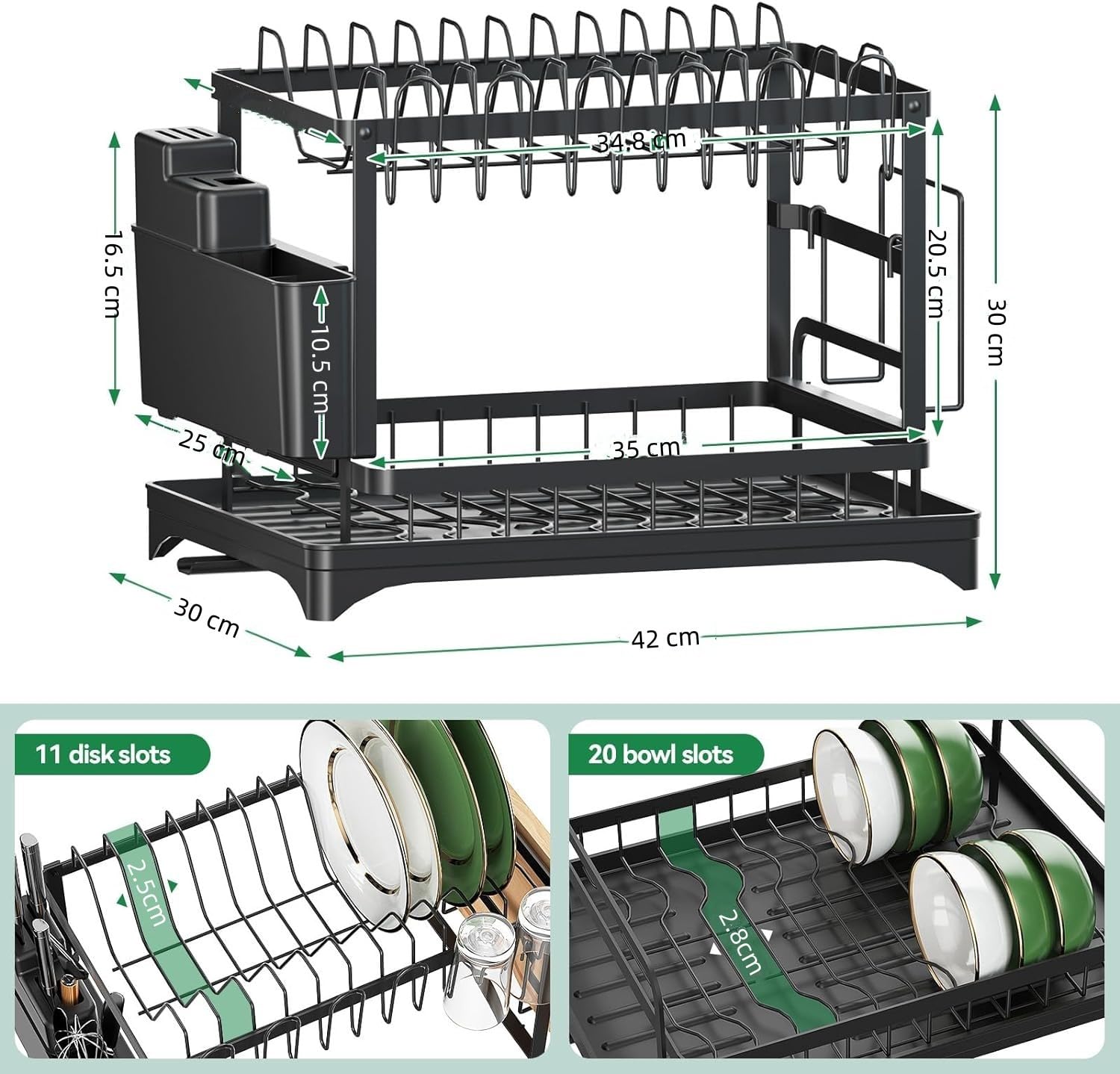 Dish Drying Rack, 2 Tier Dish Rack with Draining Tray, Rustproof Dish Drainer Racks with Detachable Utensil Holder