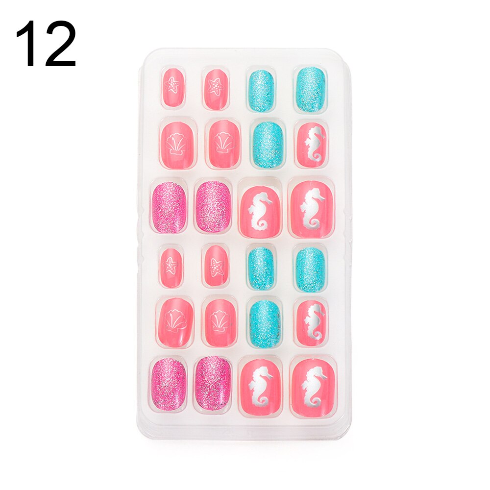 24 pièces dessin animé auto-adhésif faux ongles presse sur ongles enfant couverture complète détachable réutilisable acrylique bâton sur faux ongles: 12