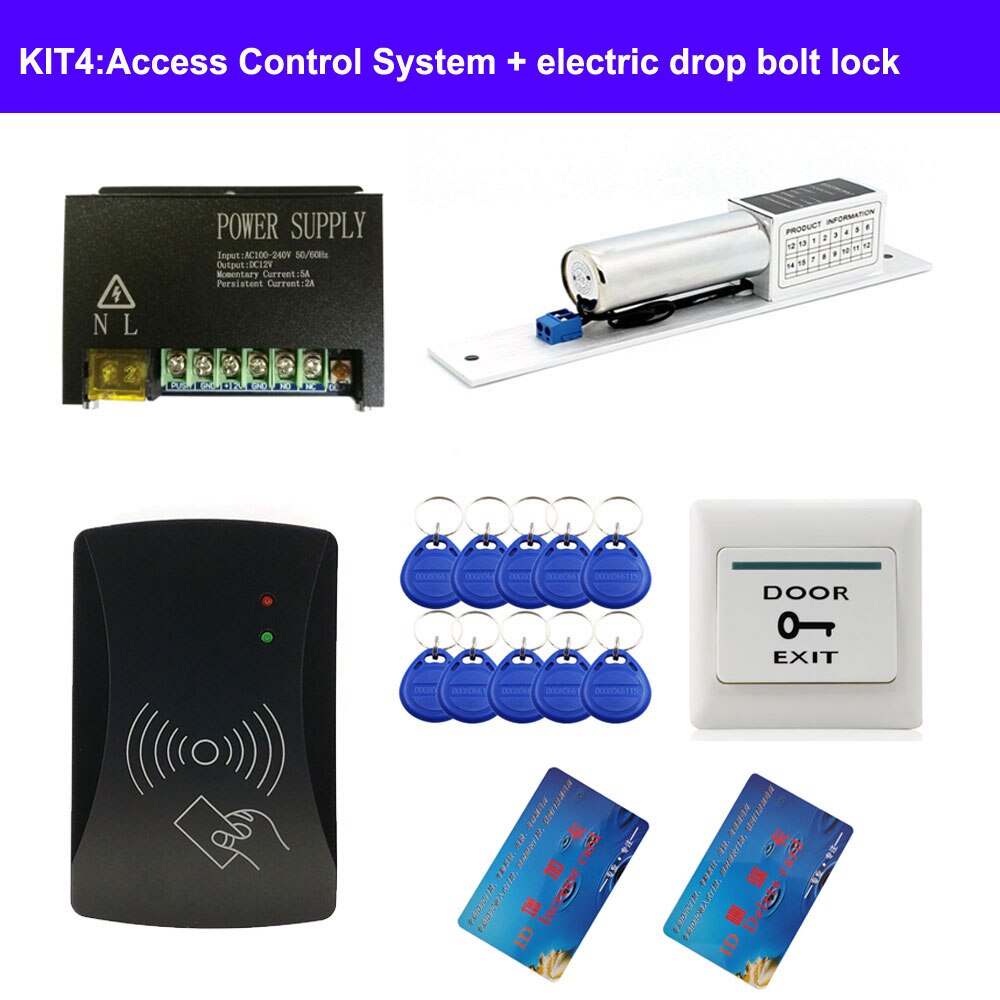 completed door access control system kit power supply+electric lock+exit button+10pcs ID key cards 2000 users IR remote switch: KIT4