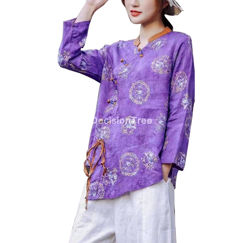 2022 woman traditional chinese qipao top cotton linen half sleeve bow hanfu tops chinese casual vintage tang suit shirt