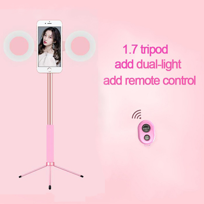 1.7m udvideligt live stativ selfie stick support ledet ringlys stativ 4 in 1 med telefonophæng til iphone  x 8 android smartphone: Dobbelt lyserød