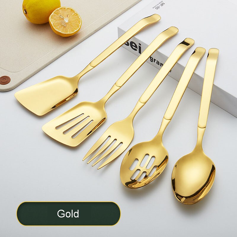 Stainless Steel Kitchen Utensils 5-Piece Cooking Trowel Set Kitchen Tool Set Gold Non-Stick Cooking Utensils Baking Tools: Gold 5 pcs