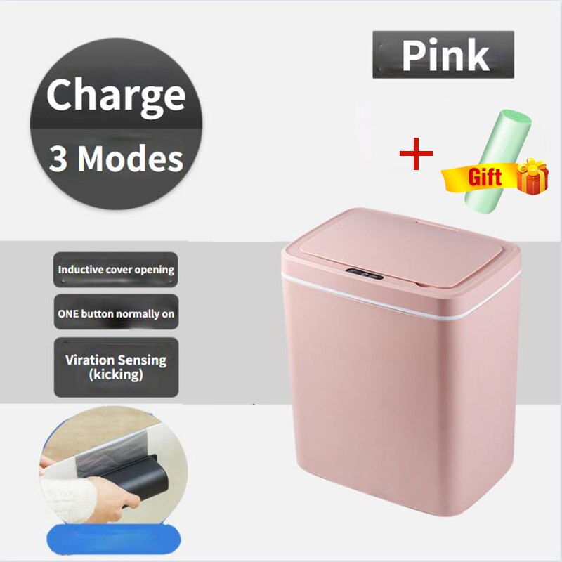 Smart Induction Trash Can Automatic Intelligent Sensor Dustbin Electric Touch Trash Bin for Kitchen Bedroom Office Garbage: Charging pink / 14L