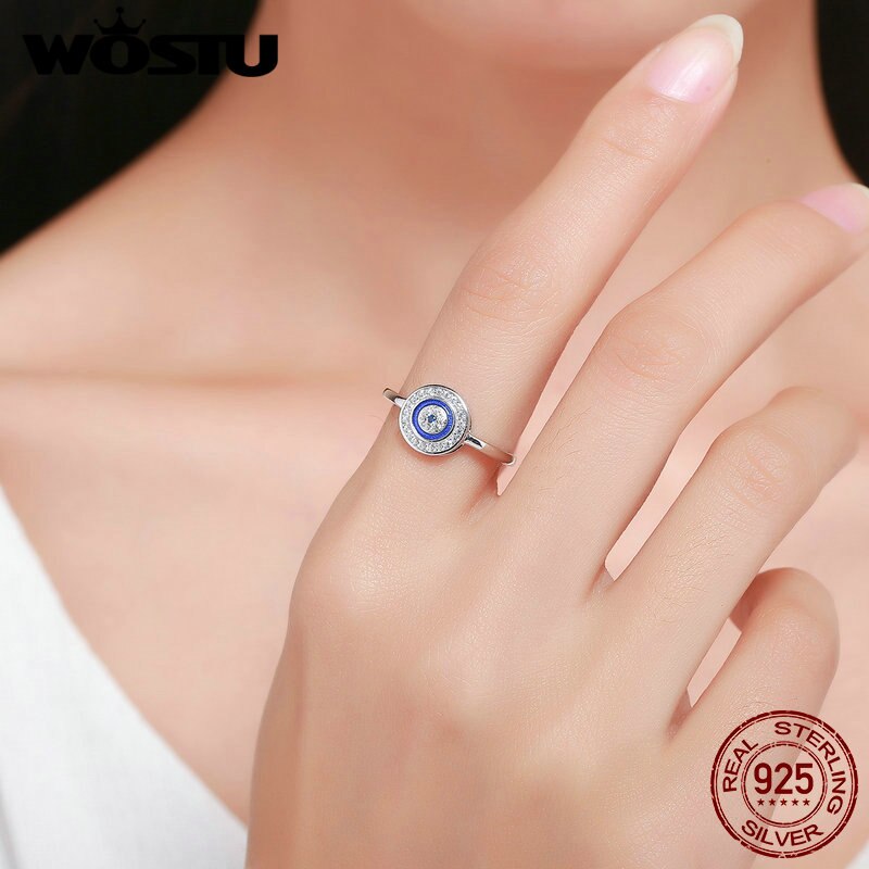 WOSTU 100% 925 Sterling Silver Lucky Blue Eyes Samsara Finger Ring For Women Good Luck Jewelry CQR208