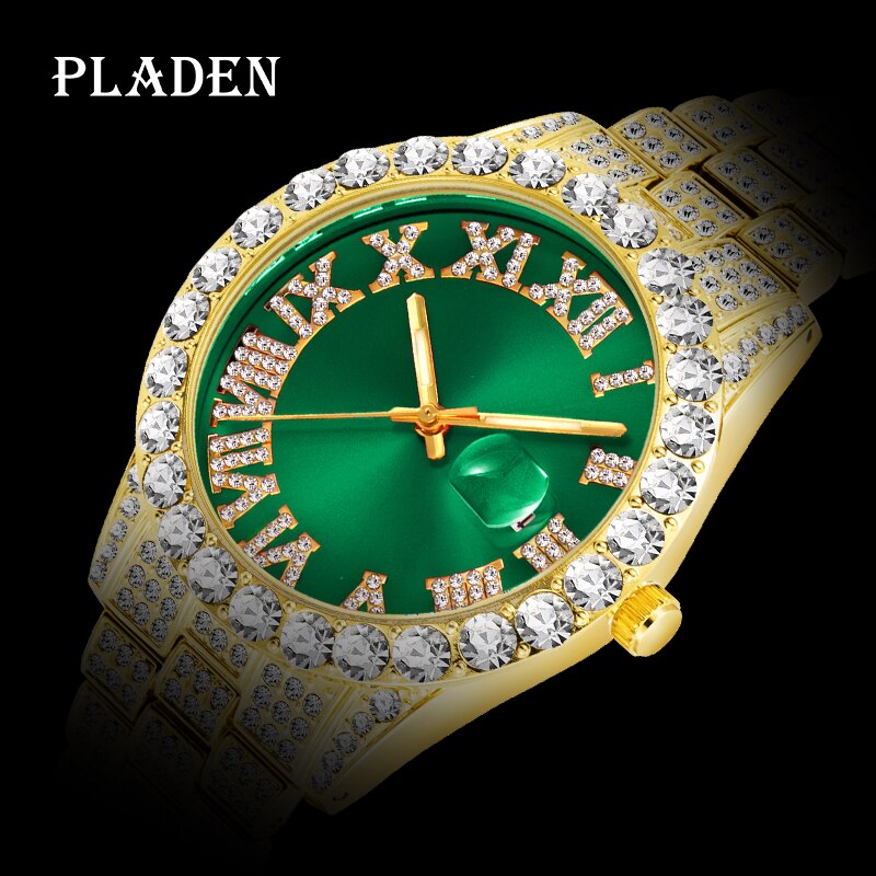Dropshipping złoty zegarek dla mężczyzn pełna diament zielony kalendarz biznes styl biodro-hopowy zegarki tarczowe kwarcowy na rękę człowiek nowy 2021