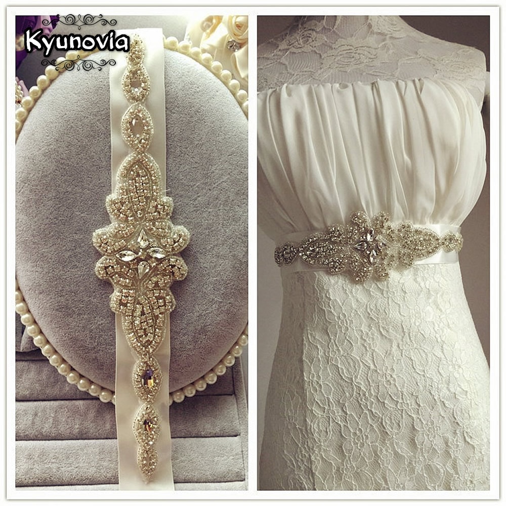 Cinturón de novia de cristal plateado de Kyunovia, faja nupcial para boda, cinturón de diamantes de imitación, cinturón baile graduación, faja nupcial con cuentas, faja de aplicación D31