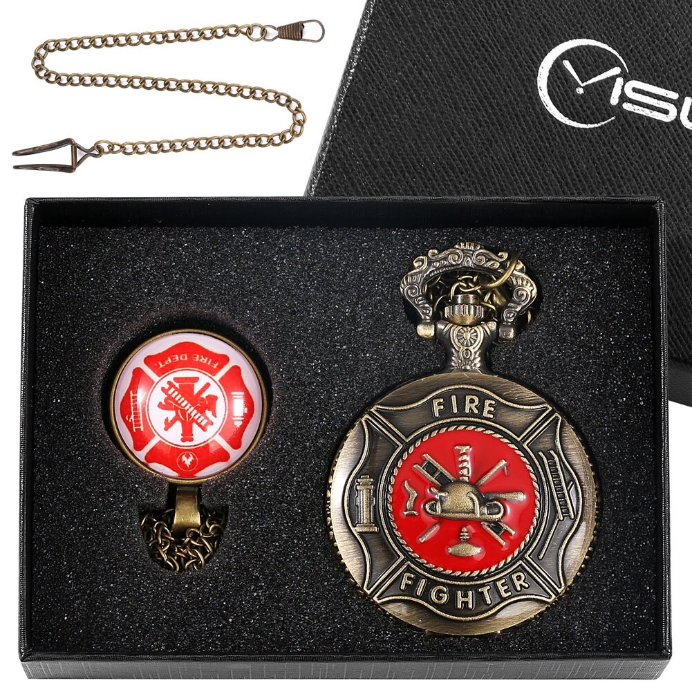 Red Fire Fighter Quartz Pocket Watch Box Set Punk Firefighter Necklace Pendant Memory Firemans Arabic Number Fob Watch Relgio: Watch Gift Set 4