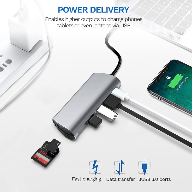 USB C Hub 6 in 1 Type C Adapter with USB 3.0 Hub SD/TF Card Reader PD Charging for iPad and More Laptop Tablet