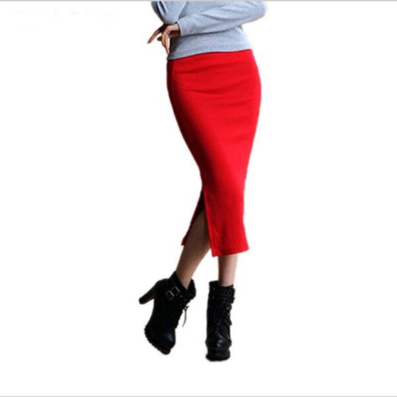 faldas de invierno Sexy Chic faldas lápiz lana Rib Knit falda con cintura elástica Paquete de división de cadera Midi falda Maxi Vintage: red