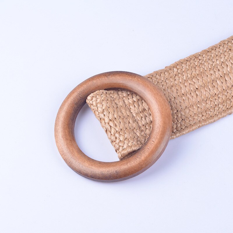Boho Style Braided Straw Wide Belt Wooden Buckle Ladies Dress Belt Luxury Women
