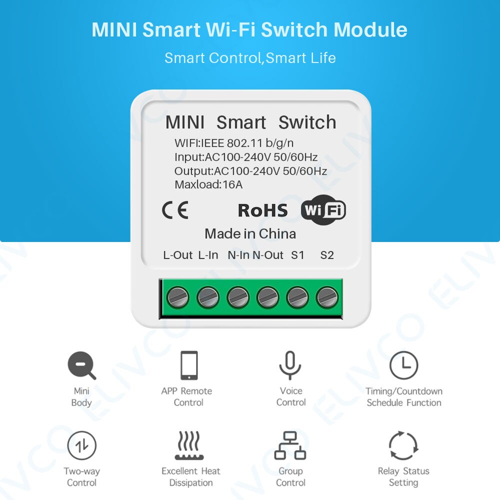 16a diy mini smart wlan-schalter mit 2- -wege-steuerung, smart-home-automatisierungsmodul, kompatibel mit alexa, google home, tuya und der smart life app.