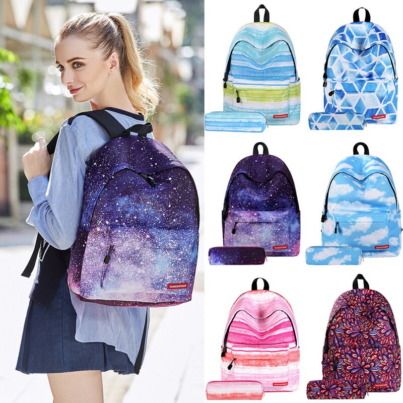 2 pcs/set Women Backpack Stars Universe Space Printing Female Canvas Backpacks Teenage Girls School Men Bag