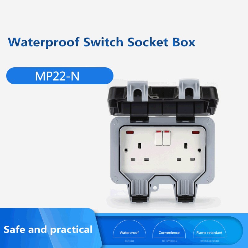 British Standard 13A Dual Power Socket With Indicator Light Ground IP66 Waterproof Outdoor Wall Power Socket AC 110V/220V