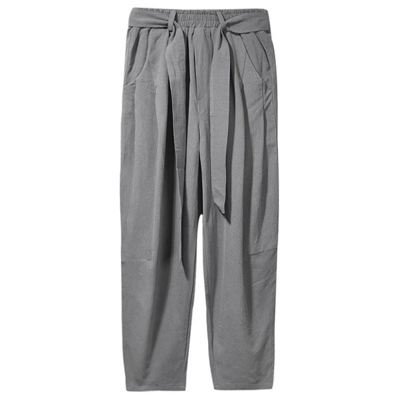 Pantalones rectos de Color sólido de estilo chino para primavera y verano, pantalones Haren cómodos con cintura elástica y bolsillos Vintage de algodón y cáñamo