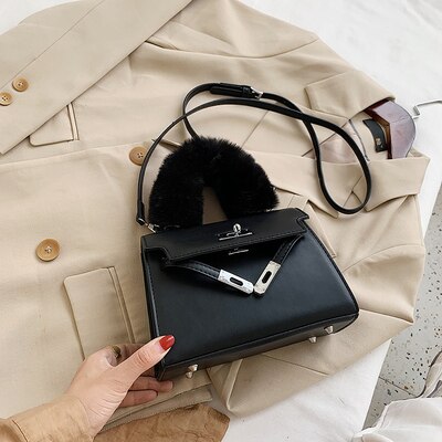 Faux Bont Handvat Kleine Pu Lederen Crossbody Tassen Voor Vrouwen Winter Trending Schouder Handtassen Vrouwen Eenvoudige Handtas: Black