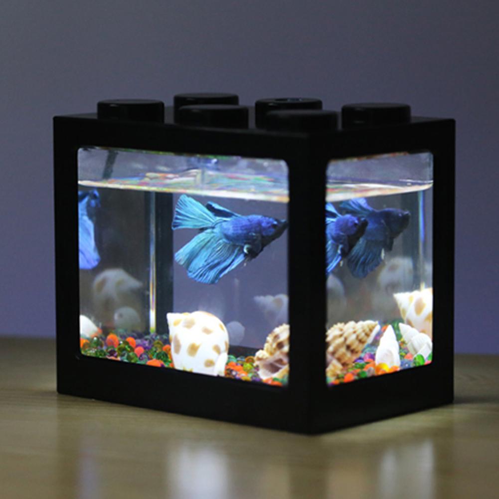 7 farver mini akvarium med lys fiskeboks usb led lys lampe til akvarium hjemmekontor tebord dekoration: Sort