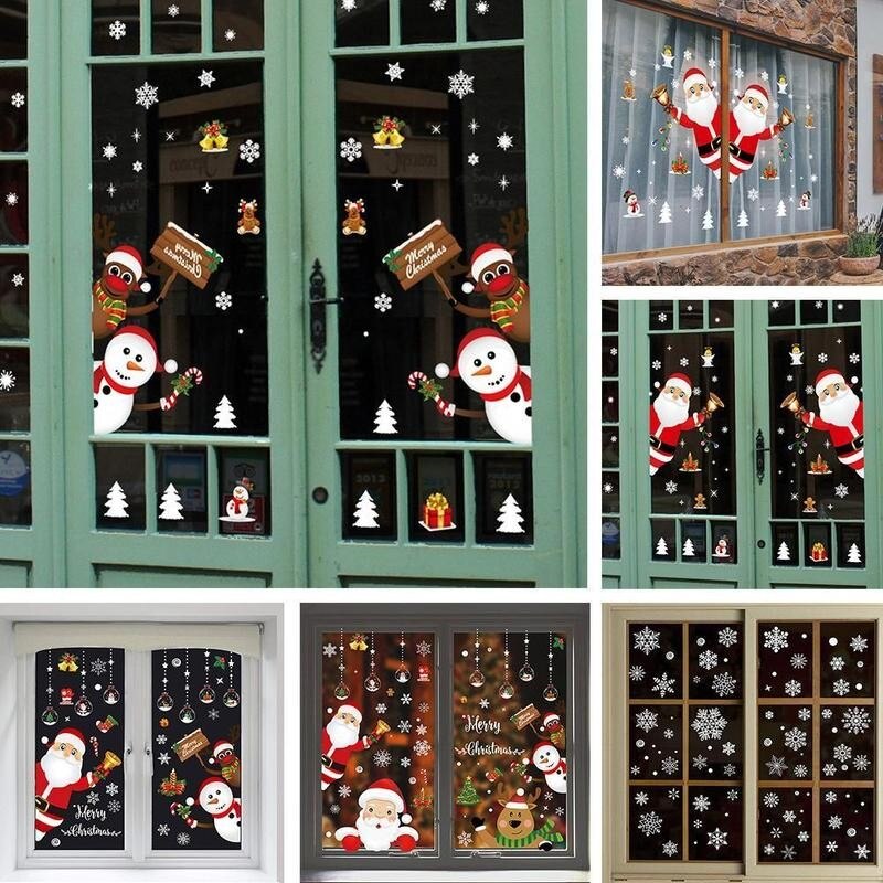Merry Christmas Window Wall Sticker Santa Claus Deer Glass Window Xmas Static Sticker 2022 Year Decals Home Decoration