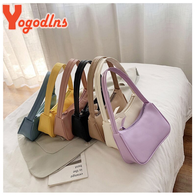 Yogodlns Retro Subaxillary Baguette Bag For Women Solid Color Shoulder Bag Portable purse Ladies Casual Mini Bag