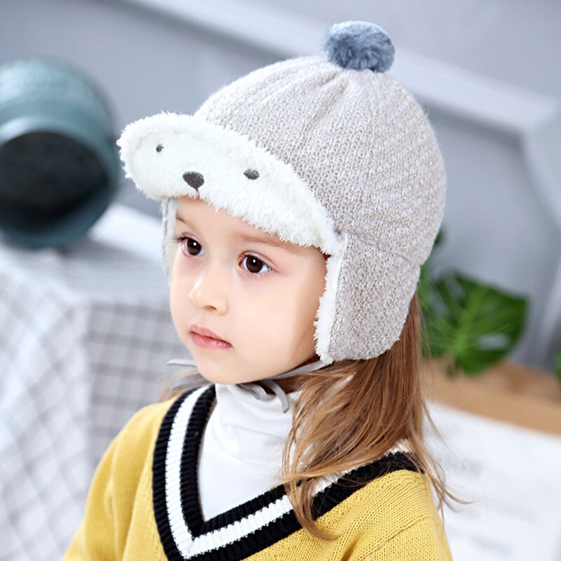 Gorro de invierno encantador de oso para niños y niñas, gorros de punto para niños, gorros de bombardero con forro polar para niños de 3 a 6 años