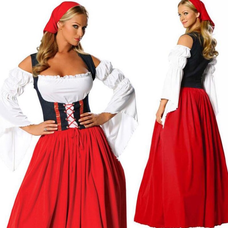 Plus size lange røde kvinder tjener oktoberfest ølpige bondekjole kostume tyske piger kostume wench m-xl